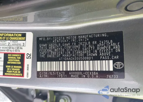 2025 Toyota Camry Se from USA, damaged, VIN 4T1DAACK0SU500801